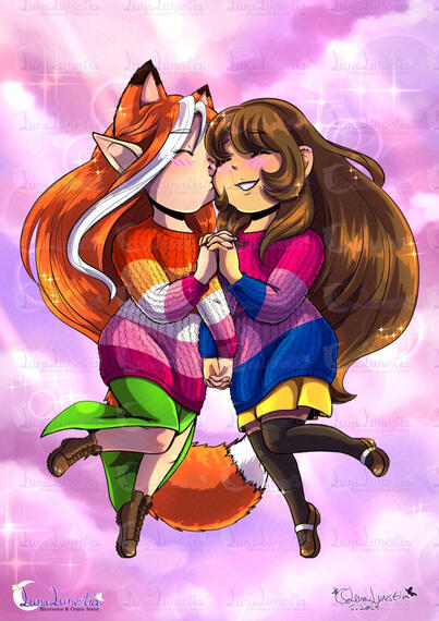 Chibi illustration featuring an LGBTQ+ couple for stickpge.