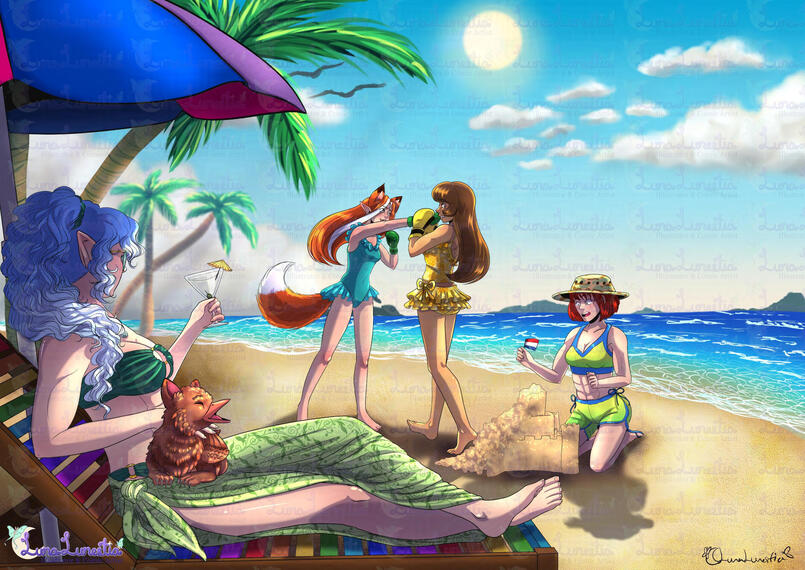 Digital illustration commission for stickpge of his D&D characters spending a day on the beach.